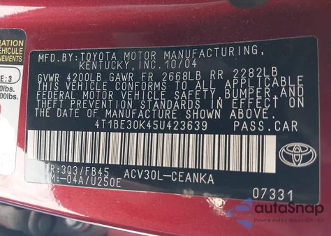 2005 Toyota Camry Le из США, поврежденный, VIN 4T1BE30K45U423639